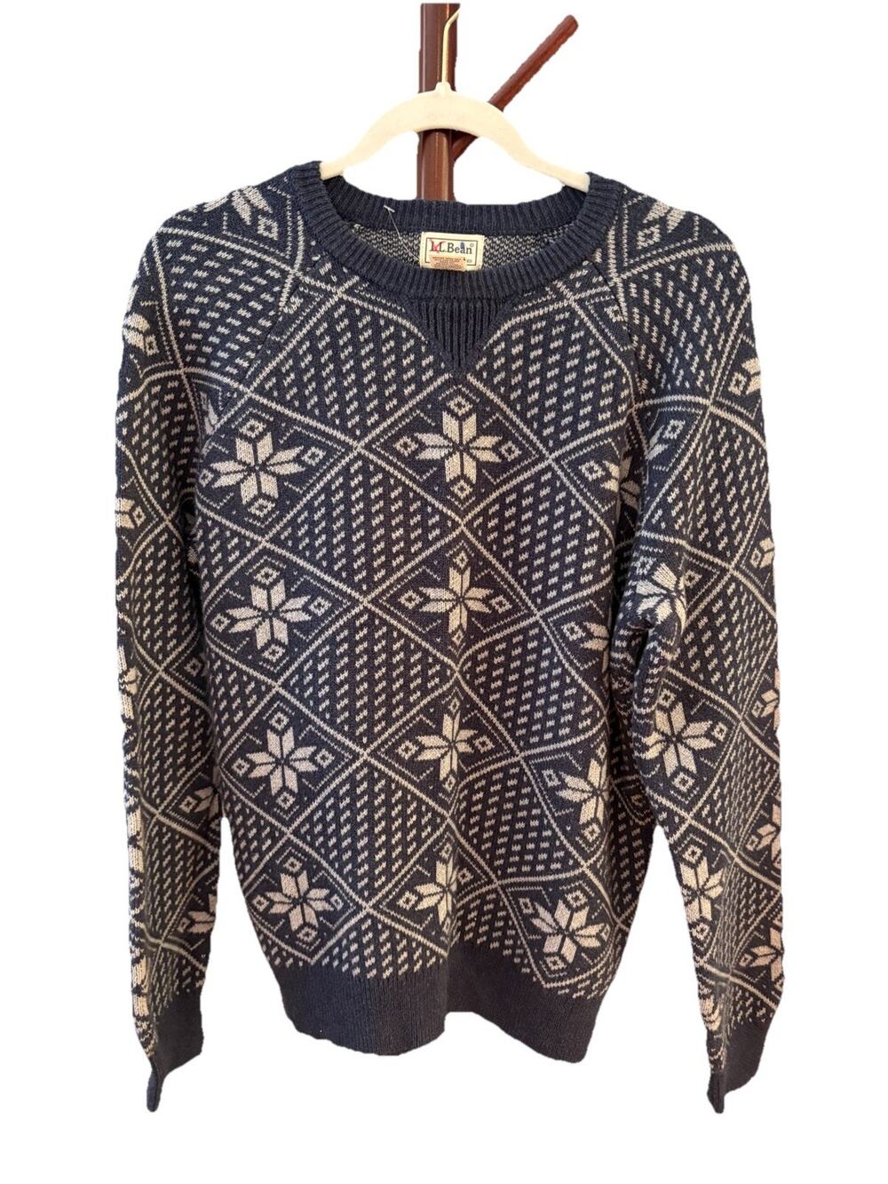 L.L Bean Cotton Blend Gray Floral Navy Blue Sweater